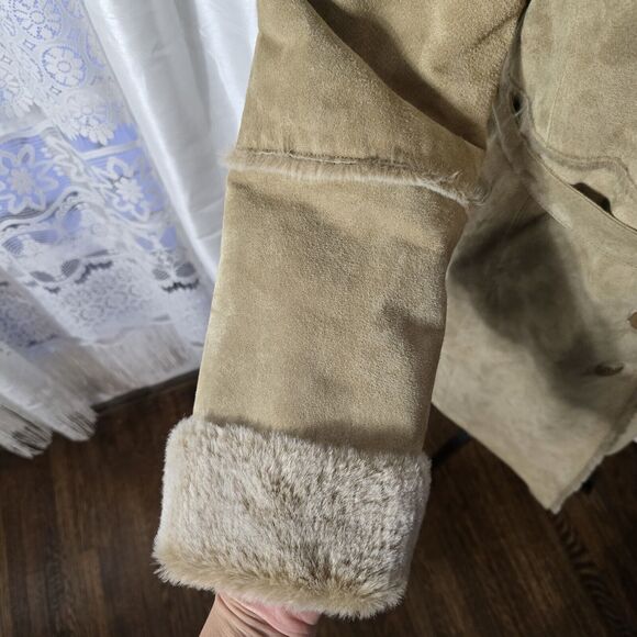 BRANDON THOMAS Penny Lane Coat Medium Tan Suede Leather Faux Fur Lining Vintage - Picture 15 of 15